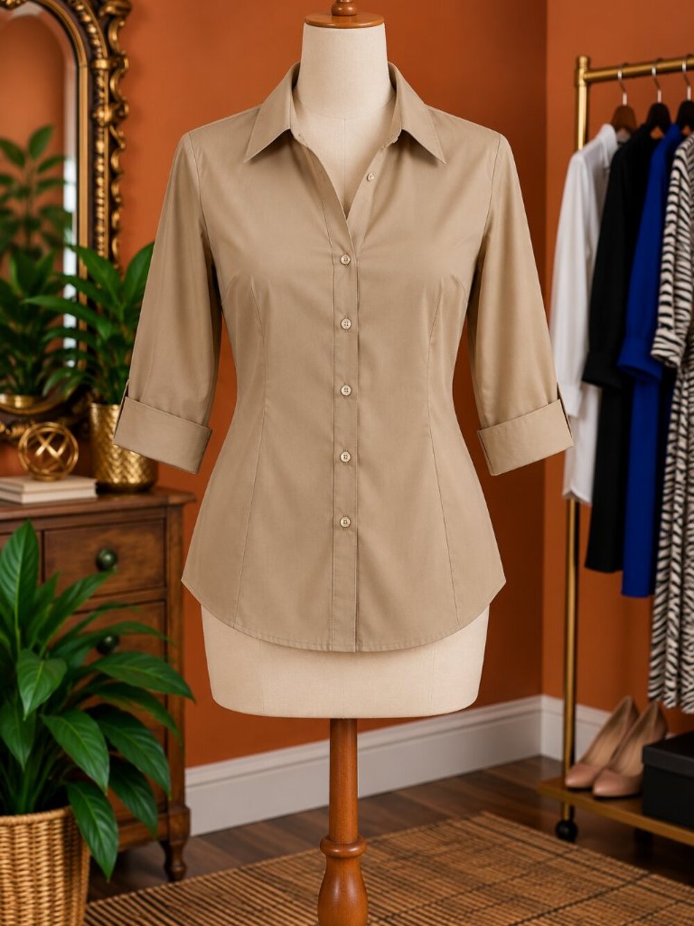 New York & Company Tan Button-Down Shirt